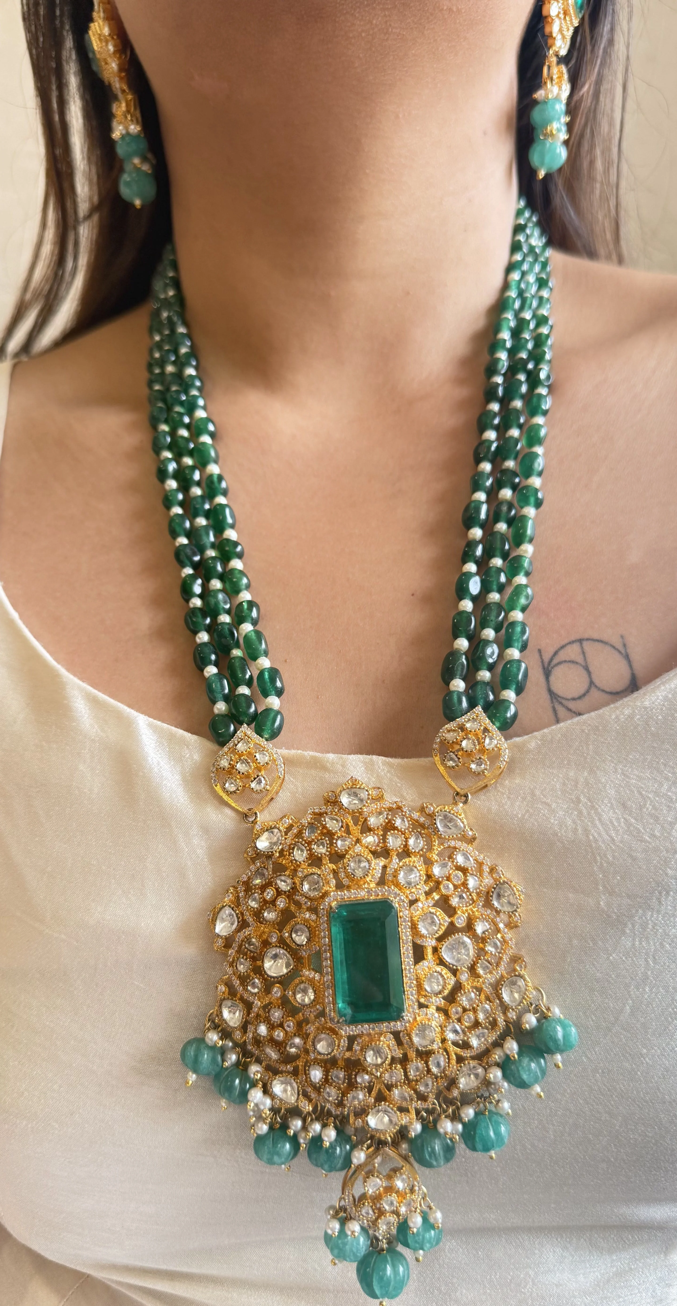KAMINI GREEN POLKI LONG NECKLACE SET
