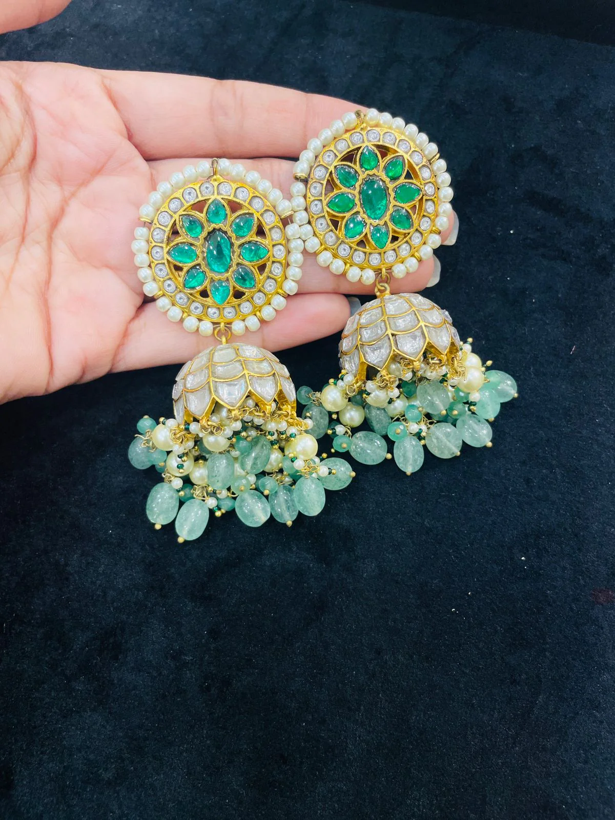 QAYNAT PURE SILVER GREEN JHUMKA